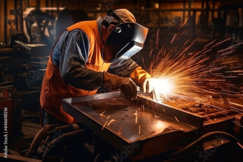 A focused welder carefully monitors every movement of his hands and precisely controls the welding machine, creating quality welds on metal structures.