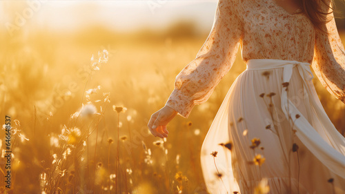 Woman in dress walks through field, yellow sunshine