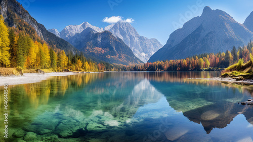 Lake, forest and mountain, beautiful autumn landscape