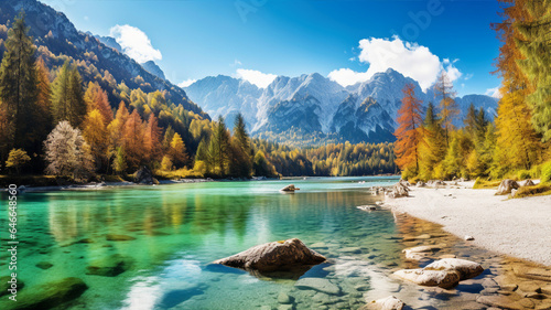 Lake, forest and mountain, beautiful autumn landscape