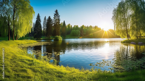 Peaceful forest and pond, spring or summer landscape