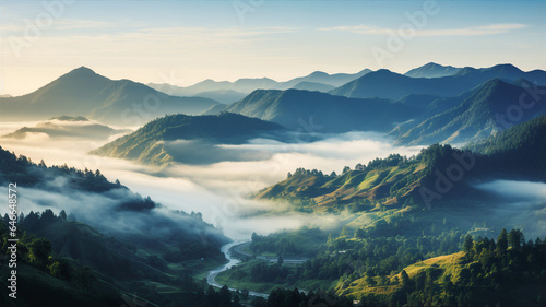 Mountains in the fog, sunrise, beautiful landscape