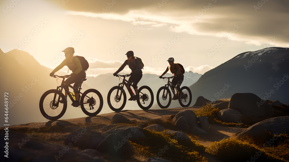 Three mountain bikers friends riding their electric bicycles to the top in amazing sunlight.