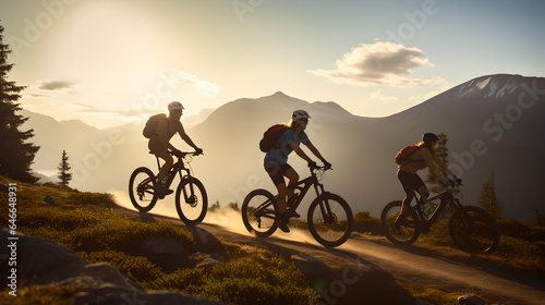 Three mountain bikers friends riding their electric bicycles to the top in amazing sunlight.