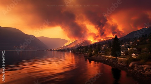 Forest fire on the side of the mountain , Forest fire at nigh