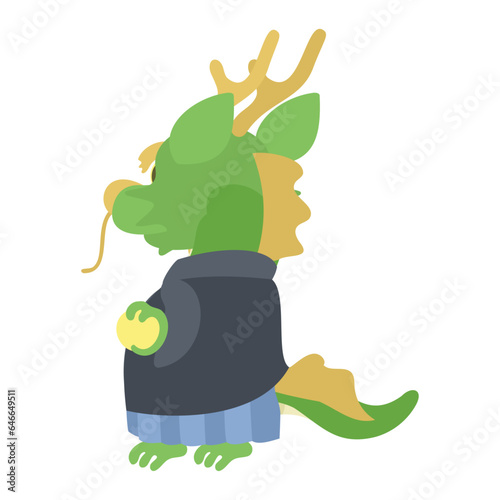 袴を着た龍の斜め後ろ姿。フラットなベクターイラスト。
A dragon in a hakama with a diagonal view from behind. Flat designed vector illustration.