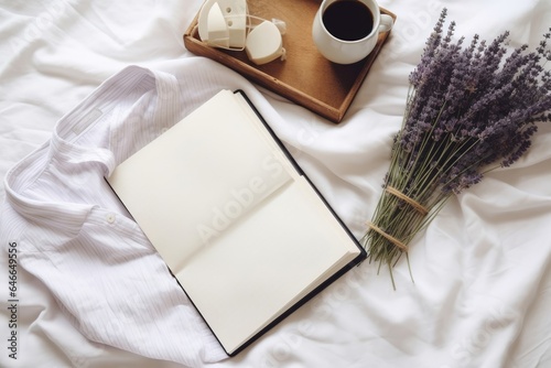 French summer still life. Feminine lifestyle composition. Cup of coffee, lavender flowers bouquet, candle on wooden tray. Linen shirt nad trousers on bed. Blank notebook mockup scene. Generative AI