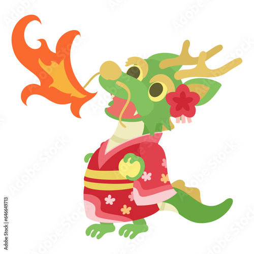 火を吐く着物を着た龍。フラットなベクターイラスト。
A kimono-wearing dragon breathing fire. Flat designed vector illustration.