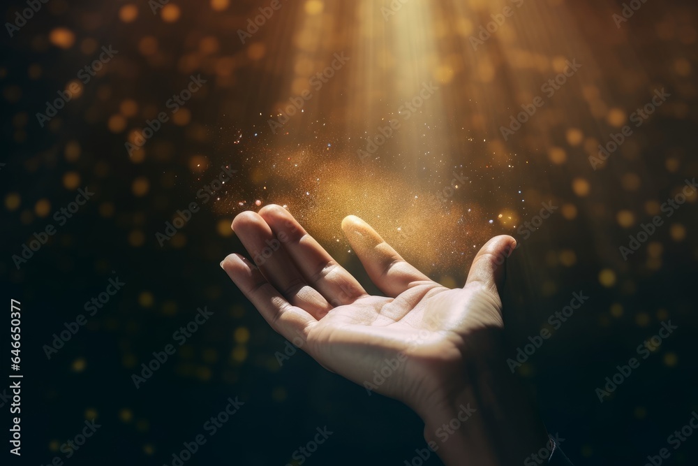 Human hands open palm up worship with faith in religion and belief in God on blessing background.Christian Religion concept background, Generative AI - obrazy, fototapety, plakaty 