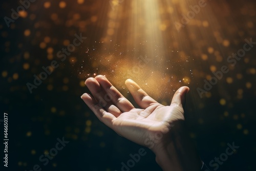 Human hands open palm up worship with faith in religion and belief in God on blessing background.Christian Religion concept background, Generative AI