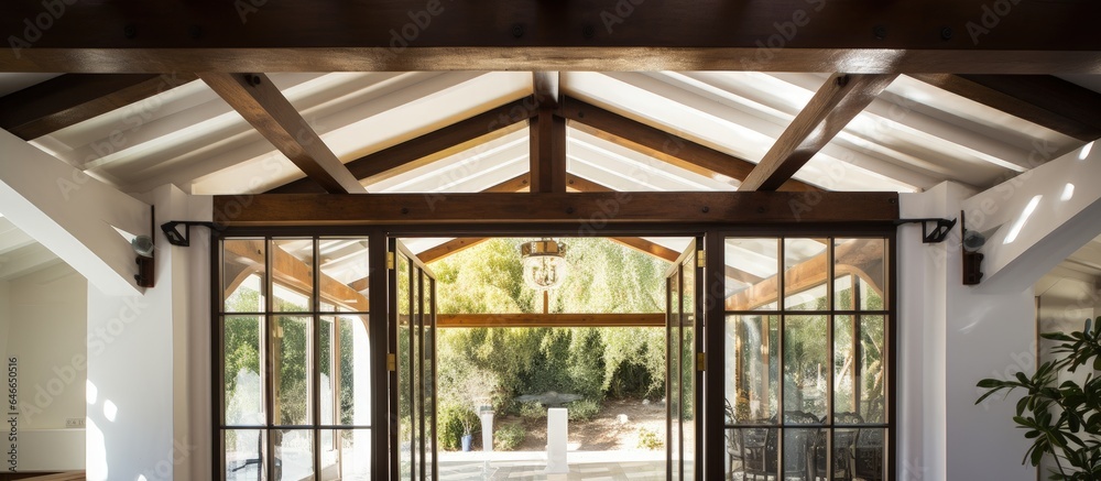 Glass door and white ceiling beams emphasized.