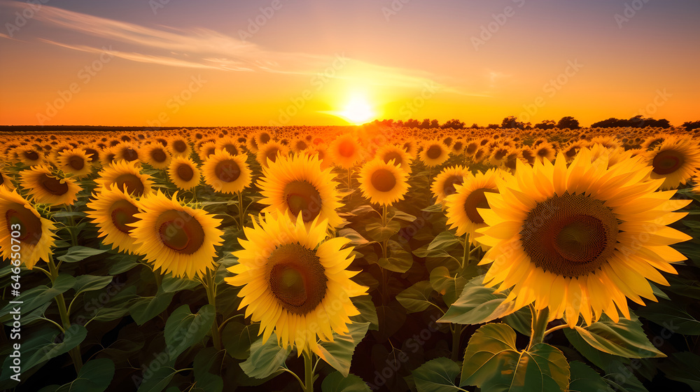 Beautiful sunset over big golden sunflower field, a captivating blend of warmth and drama in the tranquil countryside