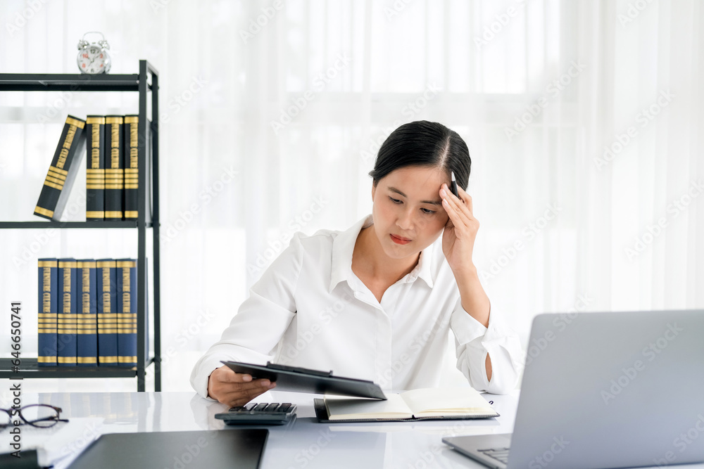 Focused asian woman looking at paper documents, managing business affairs, summarizing taxes, planning future investments, accounting alone at home office. Focused asian woman looking at paper documents, managing business affairs, summarizing taxes, planning future investments, accounting alone at home office.