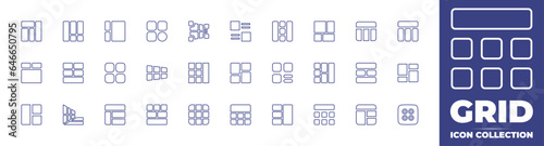 Grid line icon collection. Editable stroke. Vector illustration. Containing grid, table, layout, menu, page layout, right, apps, sitemap, horizontal bars, blocking, list, top, body, bar, and more.