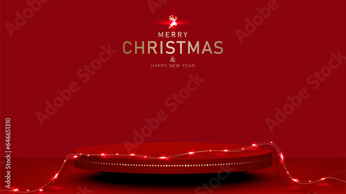 Christmas background with pedestal and light decorative for product display on Red studio background. Vector illustration.