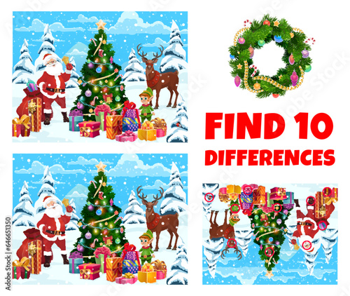Find ten differences quiz. Christmas landscape with Santa, pine tree, deer, elf and gifts. Matching quiz, objects difference search and compare game vector worksheet with Christmas cartoon characters