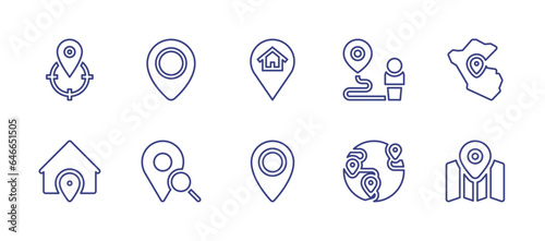 Map line icon set. Editable stroke. Vector illustration. Containing target, pin, location pin, destination, peru, address, search, travel, map.