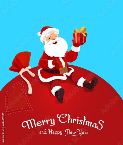 Cartoon Santa sitting on big bag of gifts. Vector Christmas holiday greeting card of Santa Claus character showing thumb up and winking with red sack, hat, costume and Xmas present box