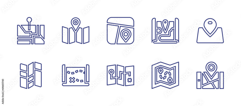 Map line icon set. Editable stroke. Vector illustration. Containing map location, map, treasure map, street map.
