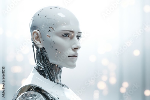 Portrait of a robot in a white futuristic interior,Artificial intelligence concept.Generative Ai