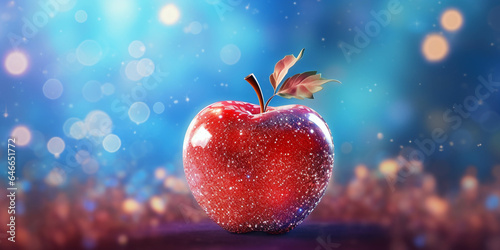 Whimsical apple with glitter and lights on colorful background with bokeh.