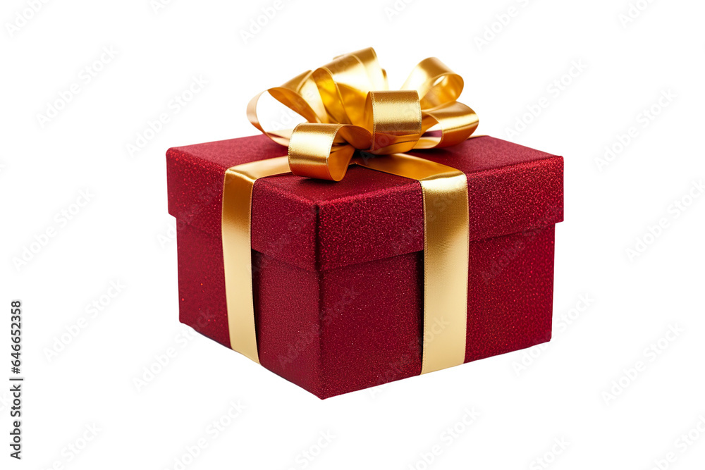 Fototapeta premium Red Christmas gift box, Dark red and gold gift box isolated PNG