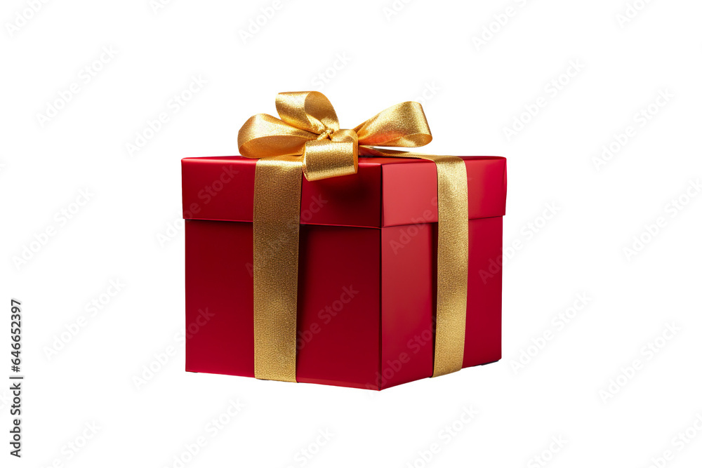 Fototapeta premium Red Christmas gift box, Dark red and gold gift box isolated PNG
