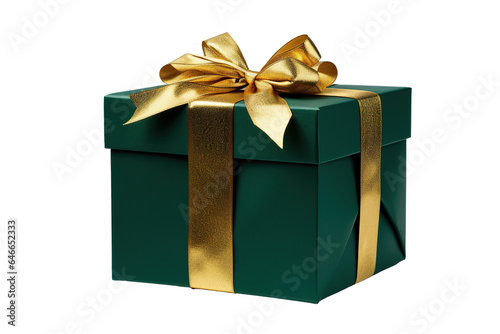 Green Christmas gift box, green and gold gift box isolated PNG