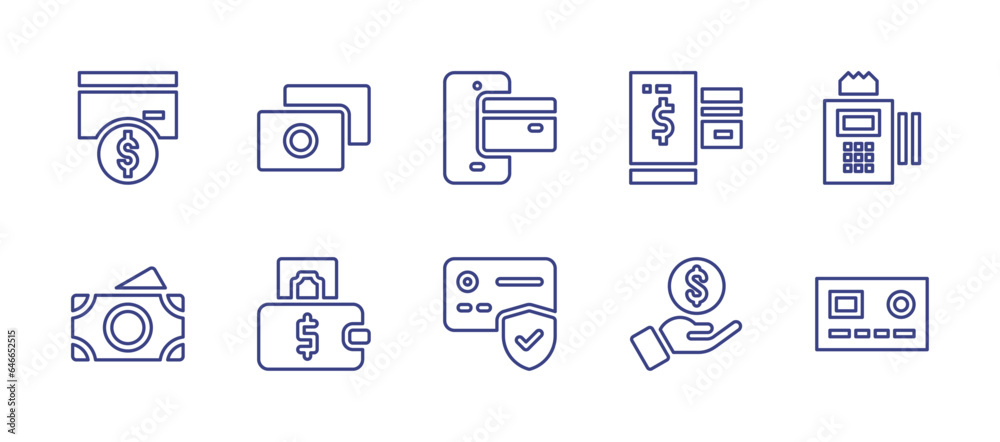Payment line icon set. Editable stroke. Vector illustration. Containing income, mobile payment, transaction, online payment, dataphone, credit card, money, banknotes, wallet.