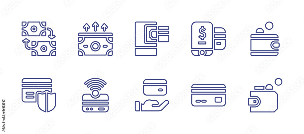 Payment line icon set. Editable stroke. Vector illustration. Containing credit card, mobile banking, payment, wallet, money exchange, salary.
