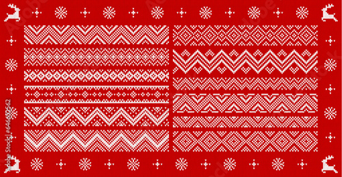Christmas sweater borders, frames and patterns. Winter holiday, Christmas spacers or vector borders with ugly sweater patterns, knitwear texture. Xmas winter holiday wool jumper pattern lines set