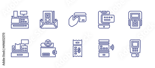 Payment line icon set. Editable stroke. Vector illustration. Containing payment method, mobile payment, dataphone, cash machine, wallet, currency, cash register, money, bill.