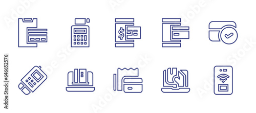 Payment line icon set. Editable stroke. Vector illustration. Containing payment check, online payment, card payment, smartphone, dataphone, online banking.