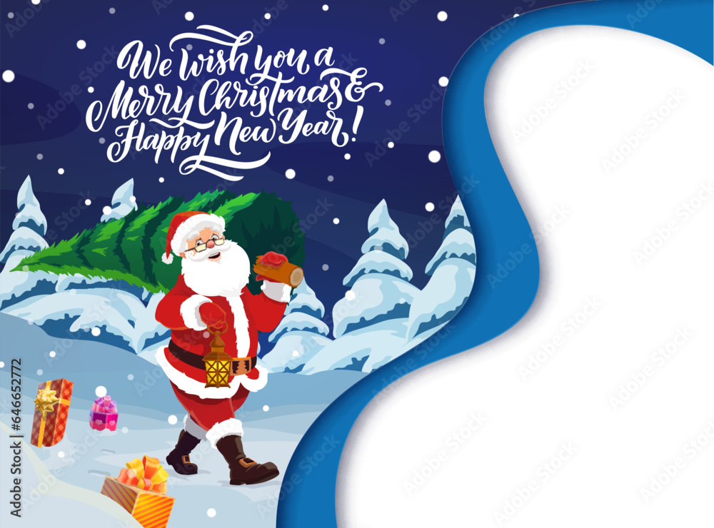Naklejka premium Christmas paper cut banner with santa and pine tree. Vector template for cover, poster or greeting card with 3d layered effect, blank card with funny Father Noel carry spruce in night snowy forest