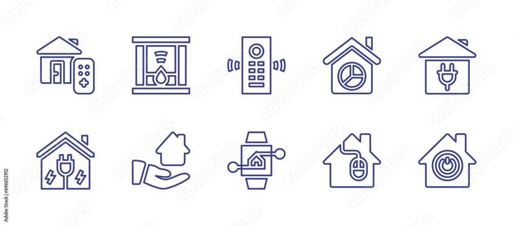Smart house line icon set. Editable stroke. Vector illustration. Containing smart home, electricity, share, smartwatch, plug, pie chart, power, fireplace, remote control.