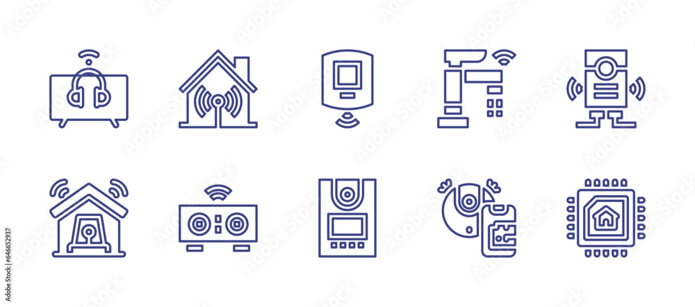 Smart house line icon set. Editable stroke. Vector illustration. Containing vacuum cleaner, chip, smart tv, emergency, wifi, motion sensor, speaker, intercom, faucet, water heater.