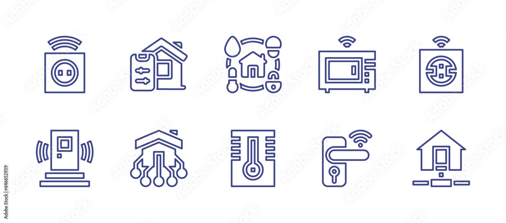 Smart house line icon set. Editable stroke. Vector illustration. Containing domotics, temperature control, microwave oven, socket, door lock, network, door.