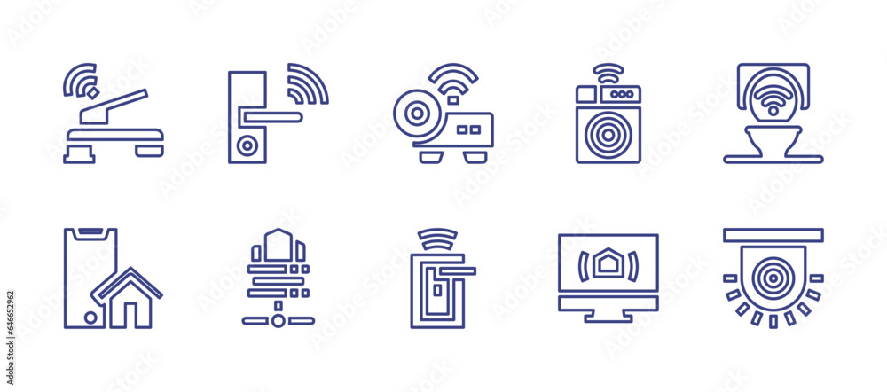 Smart house line icon set. Editable stroke. Vector illustration. Containing door lock, projector, servers, lock, washing machine, toilet, pc, alarm, faucet, smarthome.