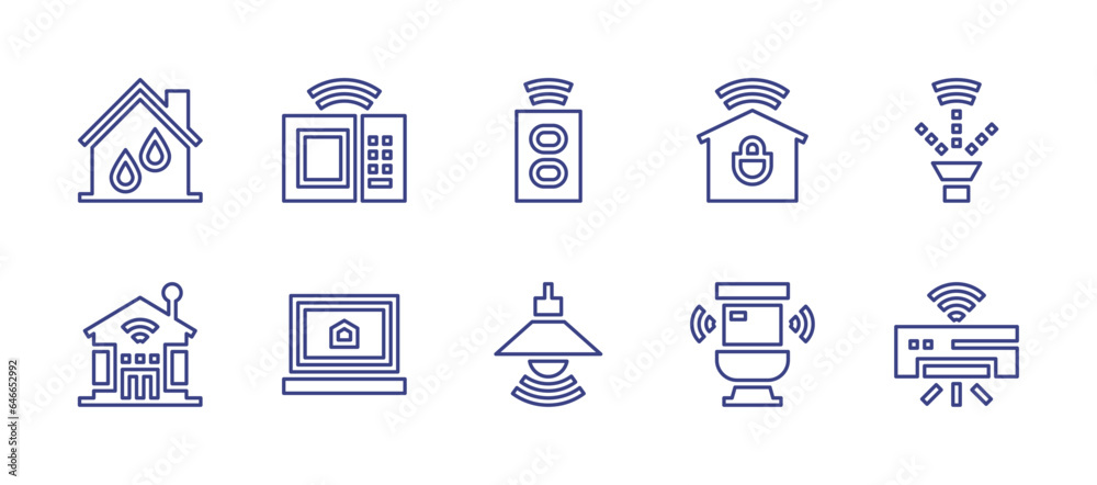 Smart house line icon set. Editable stroke. Vector illustration. Containing smart house, microwave, socket, laptop, lamp, smartphone, sprinkler, toilet, air conditioner, humidifier.