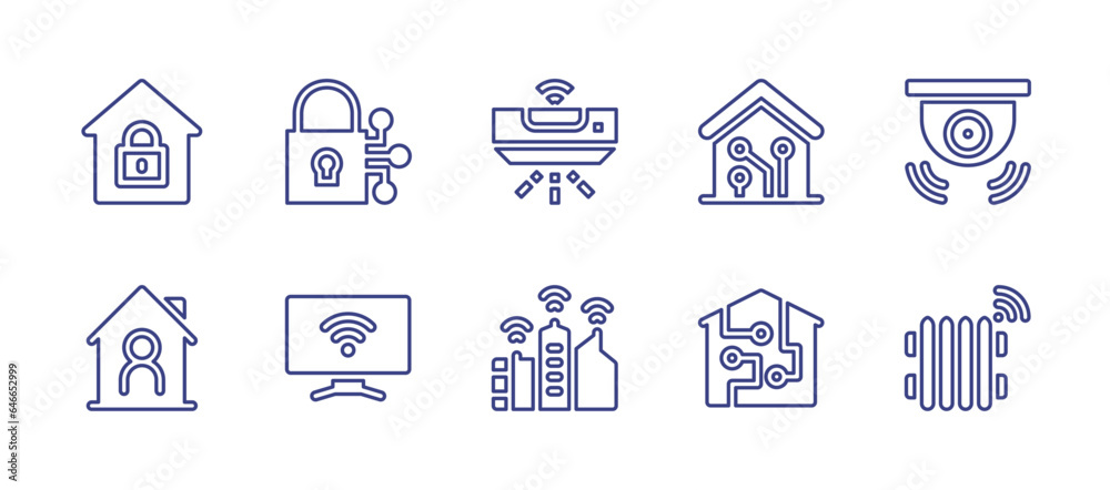Smart house line icon set. Editable stroke. Vector illustration. Containing smart tv, smart city, smart home, cctv, smart house, heater, home, house, smart lock, air conditioner.