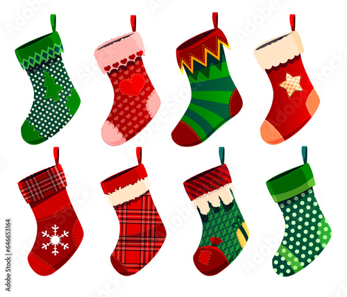Stocking socks. Cartoon Christmas holiday socks for gifts. Vector Xmas stockings set, cute Santa Claus hanging boots with embroidered Christmas tree, present and candy, snowflake, star and heart