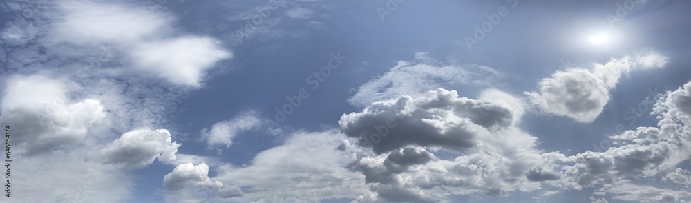 beautiful fluffy clouds against blue sky in summer day. wide panoramic view.