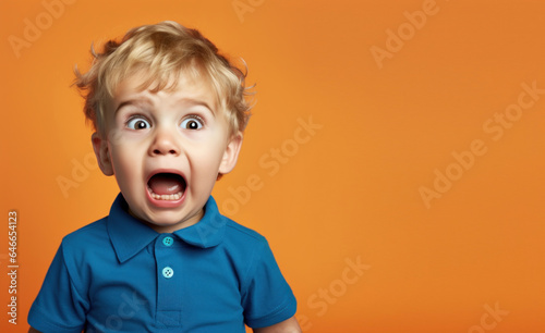 A three-year-old boy in a blue polo feels an emotion of surprise and fear on orange background.