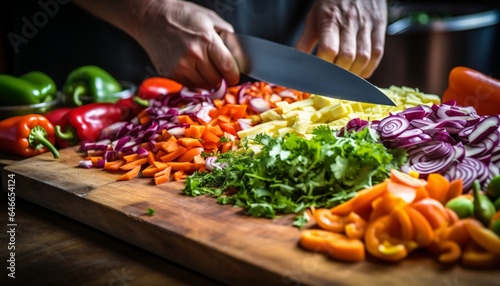 Close-up of a chef's knife chopping colorful vegetables on a wooden cutting board, Ai Generate 
