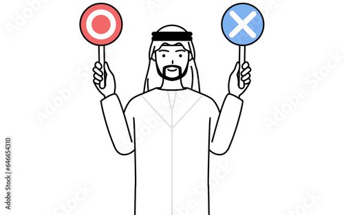 正解と不正解を示す棒を持つイスラムの男性