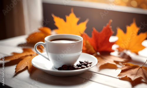 Cup of coffee and autumn leaves on a white wooden table. AI generative.