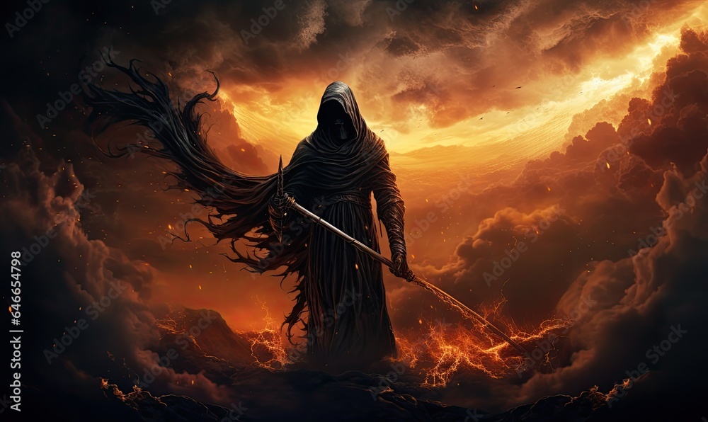 Witness the wrath of an evil demon brandishing a wicked scythe amidst a fiery inferno. Witness the wrath of an evil demon brandishing a wicked scythe amidst a fiery inferno.