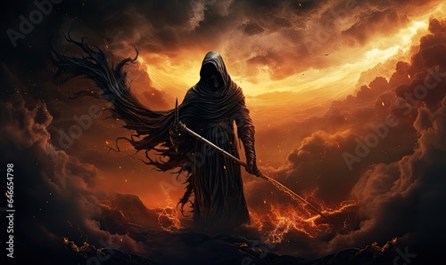 Witness the wrath of an evil demon brandishing a wicked scythe amidst a fiery inferno.