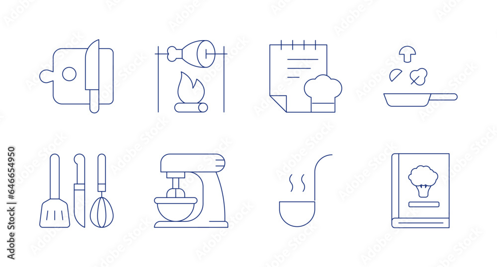 Cooking icons. editable stroke. Containing cooking, cooking tools, grilled meat, mixer, recipe, soup ladle, cooking book.