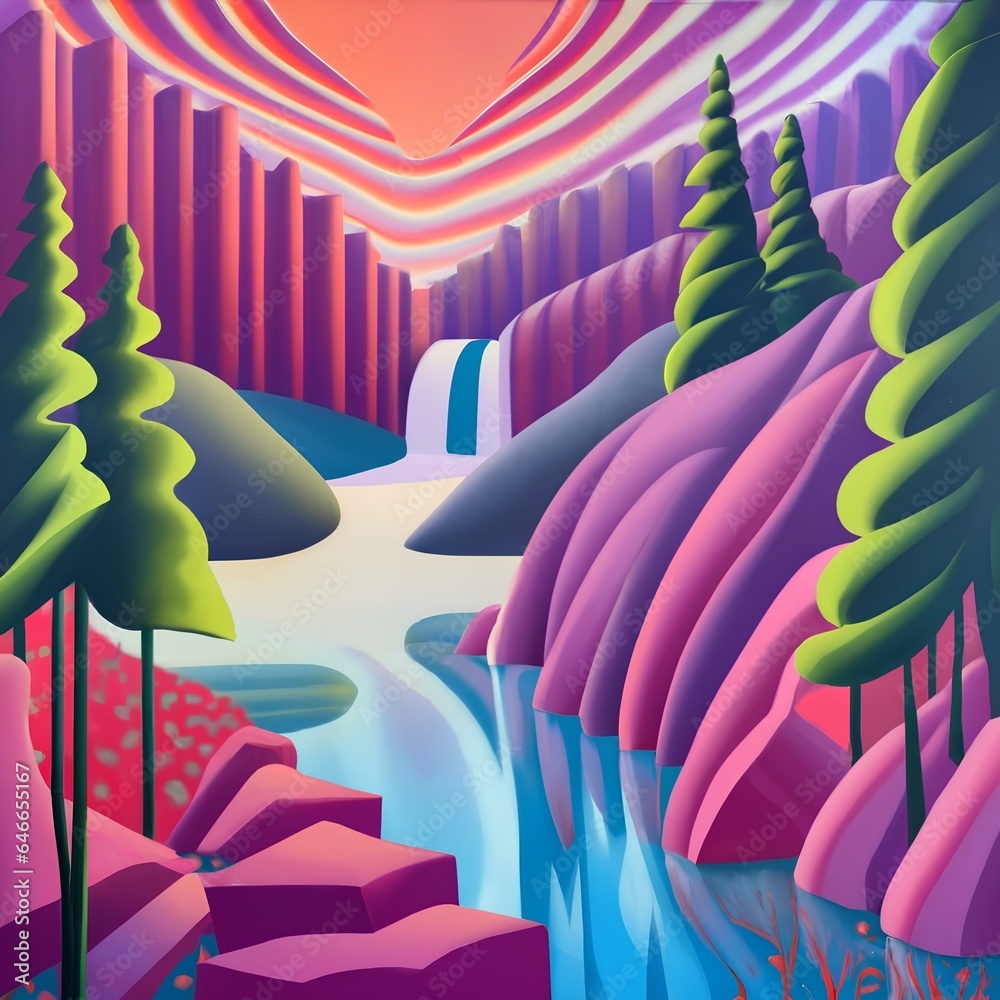 Obraz premium illustration of a landscape with the waterfall, river and the forest, the pink mountain background, pastel abstract style, background AI generated